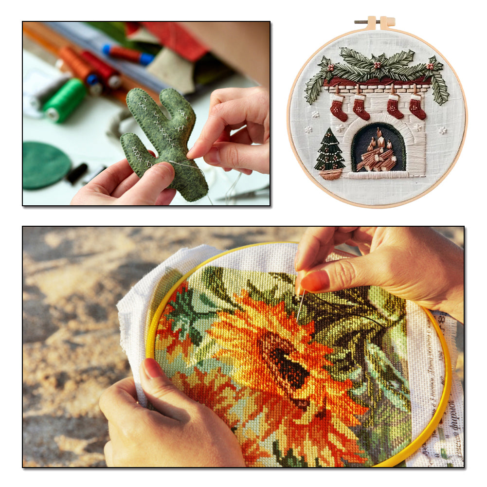 Christmas Fireplace - DIY Embroidery Cross Stitch Kit with Pattern Cotton Threads Needles Hoop 30x30CM/11.81x11.81in