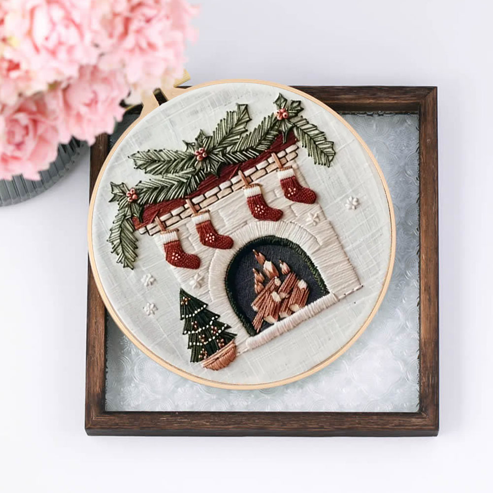 Christmas Fireplace - DIY Embroidery Cross Stitch Kit with Pattern Cotton Threads Needles Hoop 30x30CM/11.81x11.81in