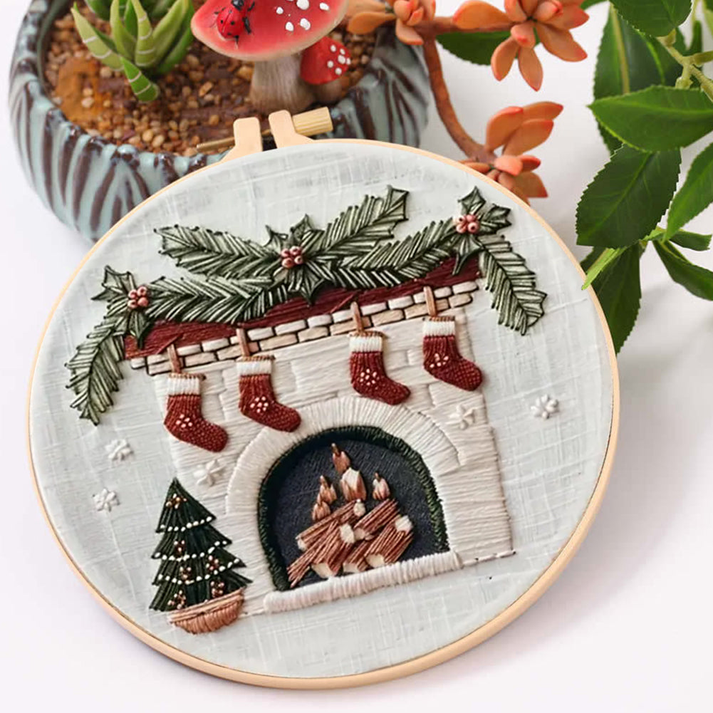 Christmas Fireplace - DIY Embroidery Cross Stitch Kit with Pattern Cotton Threads Needles Hoop 30x30CM/11.81x11.81in