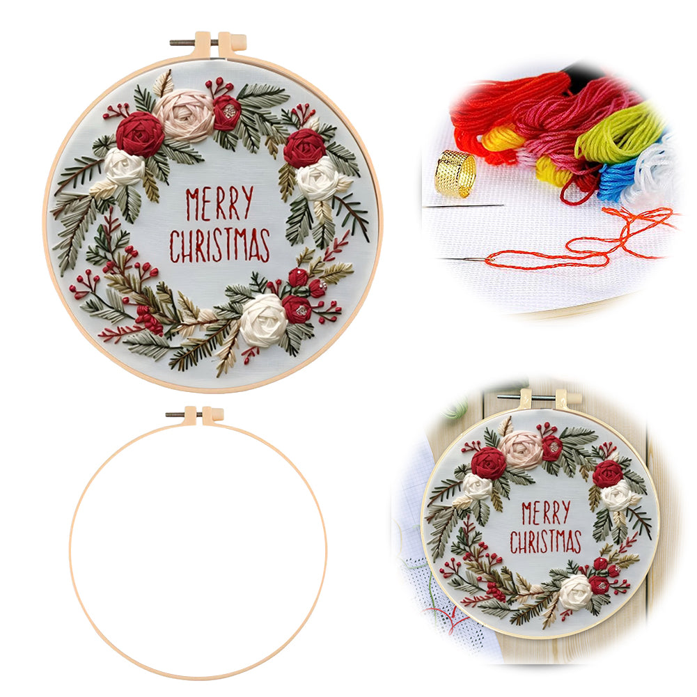 Christmas Wreath - DIY Embroidery Cross Stitch Kit with Pattern Cotton Threads Needles Hoop 30x30CM/11.81x11.81in