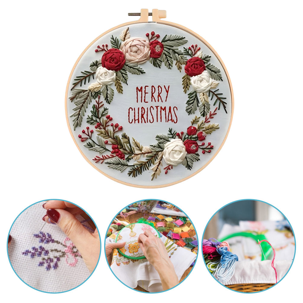Christmas Wreath - DIY Embroidery Cross Stitch Kit with Pattern Cotton Threads Needles Hoop 30x30CM/11.81x11.81in