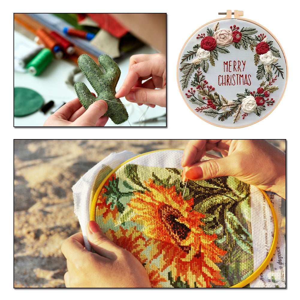 Christmas Wreath - DIY Embroidery Cross Stitch Kit with Pattern Cotton Threads Needles Hoop 30x30CM/11.81x11.81in