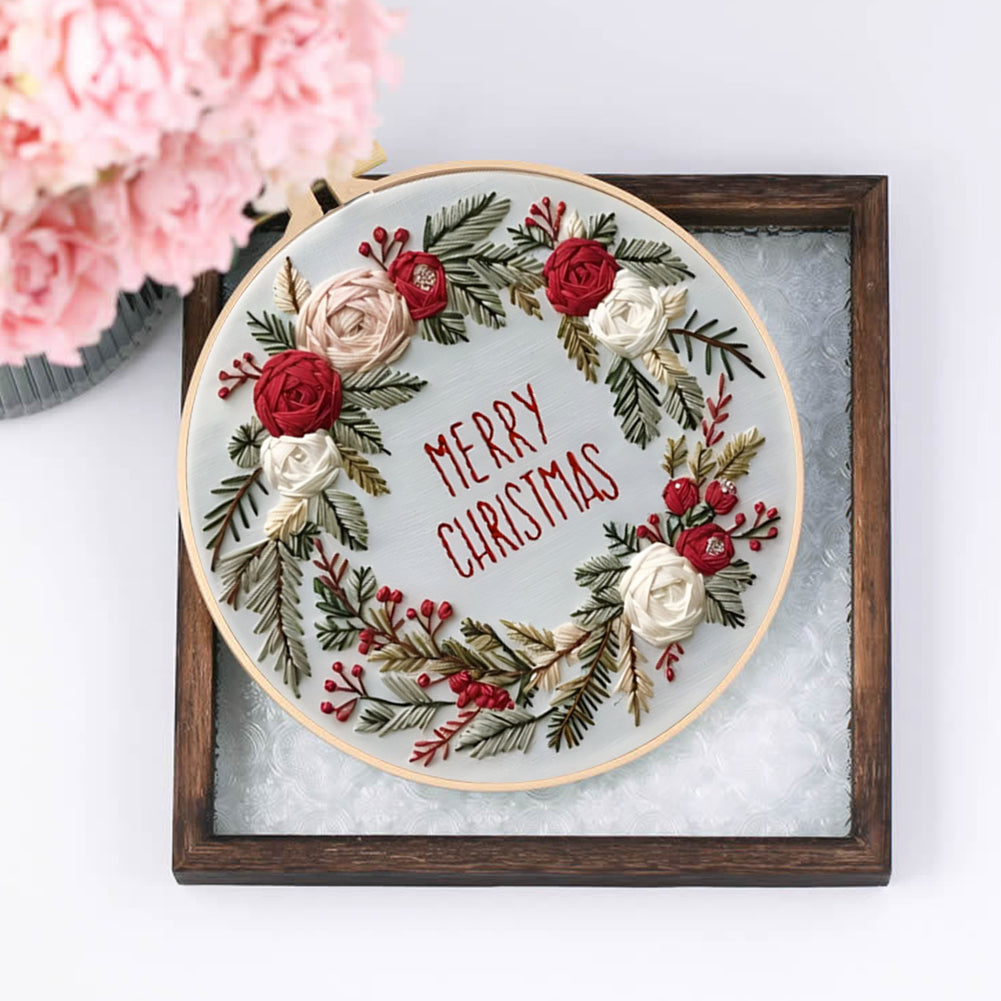 Christmas Wreath - DIY Embroidery Cross Stitch Kit with Pattern Cotton Threads Needles Hoop 30x30CM/11.81x11.81in