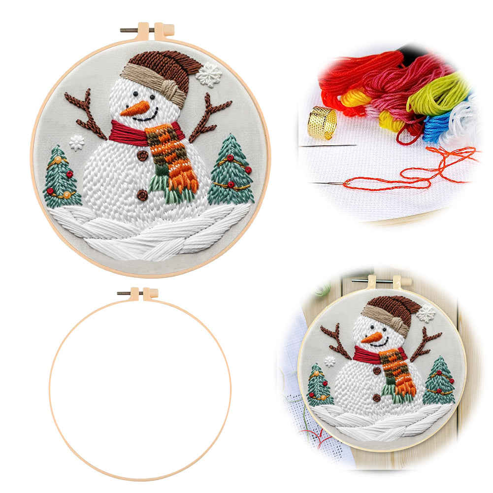 Christmas Snowman - DIY Embroidery Cross Stitch Kit with Pattern Cotton Threads Needles Hoop 30x30CM/11.81x11.81in