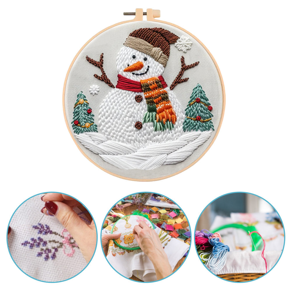 Christmas Snowman - DIY Embroidery Cross Stitch Kit with Pattern Cotton Threads Needles Hoop 30x30CM/11.81x11.81in