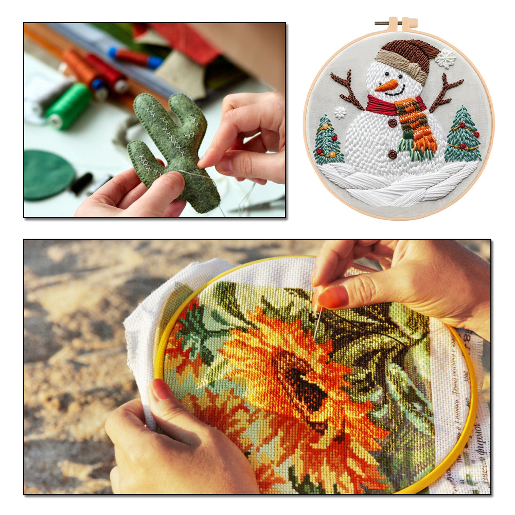 Christmas Snowman - DIY Embroidery Cross Stitch Kit with Pattern Cotton Threads Needles Hoop 30x30CM/11.81x11.81in