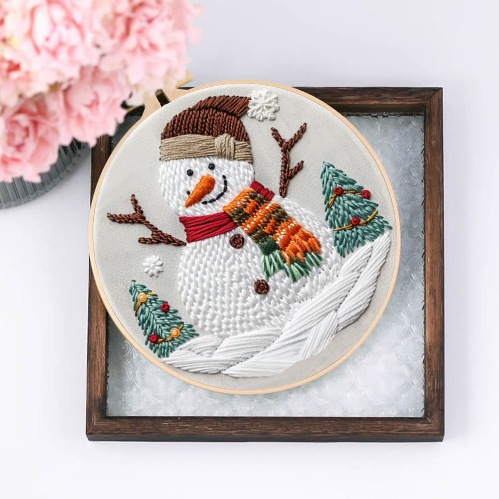 Christmas Snowman - DIY Embroidery Cross Stitch Kit with Pattern Cotton Threads Needles Hoop 30x30CM/11.81x11.81in