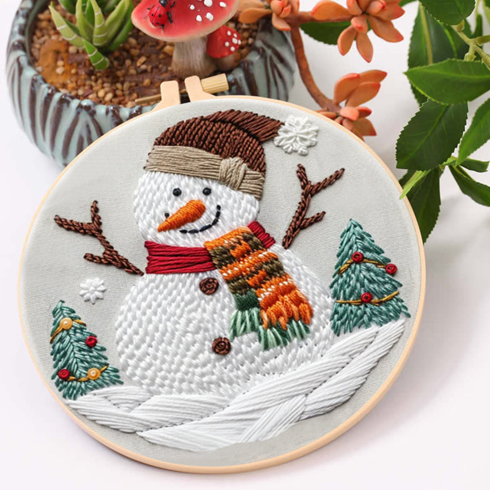 Christmas Snowman - DIY Embroidery Cross Stitch Kit with Pattern Cotton Threads Needles Hoop 30x30CM/11.81x11.81in