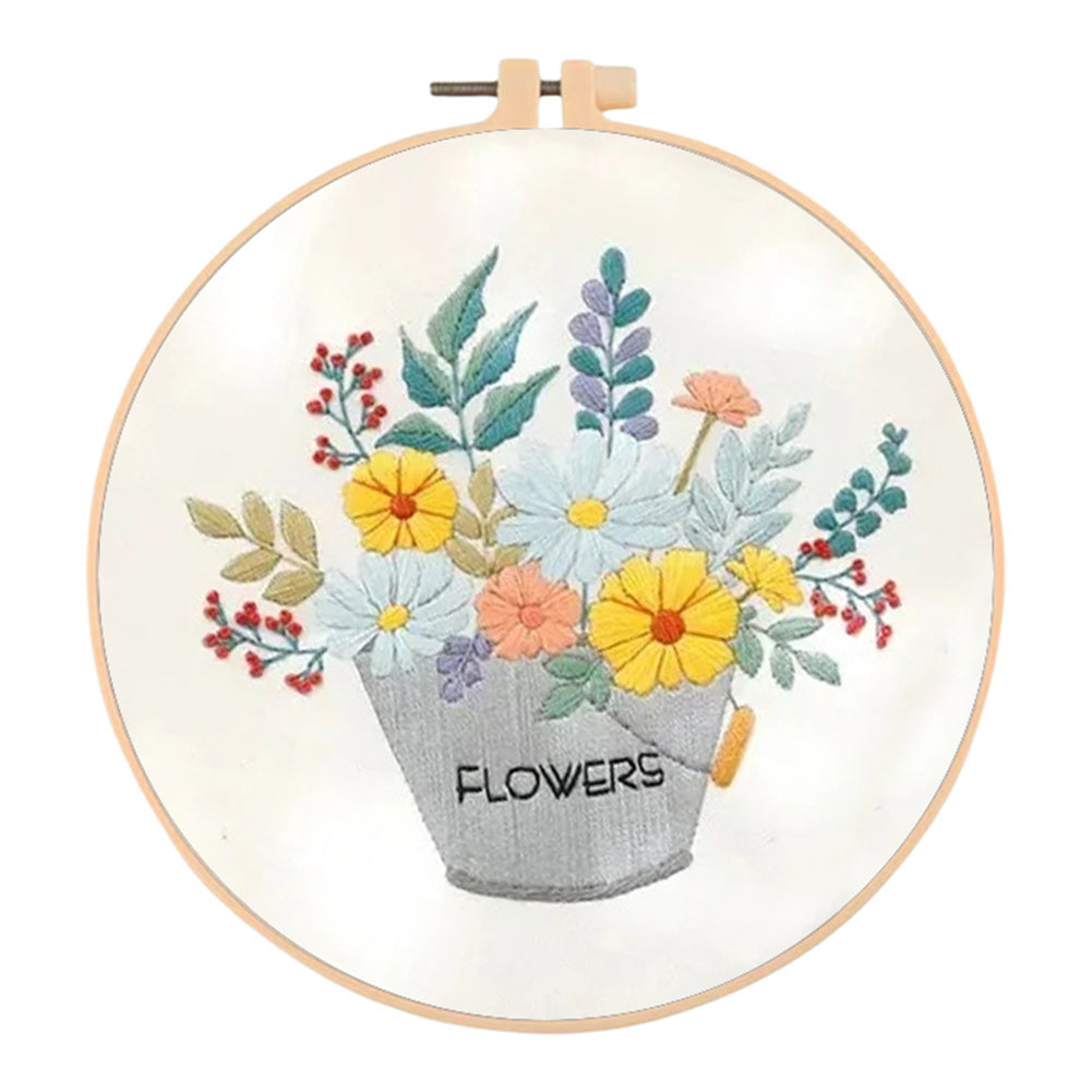 Flowers In Iron Bucket - DIY Embroidery Cross Stitch Kit with Pattern Cotton Threads Needles Hoop 30x30CM/11.81x11.81in