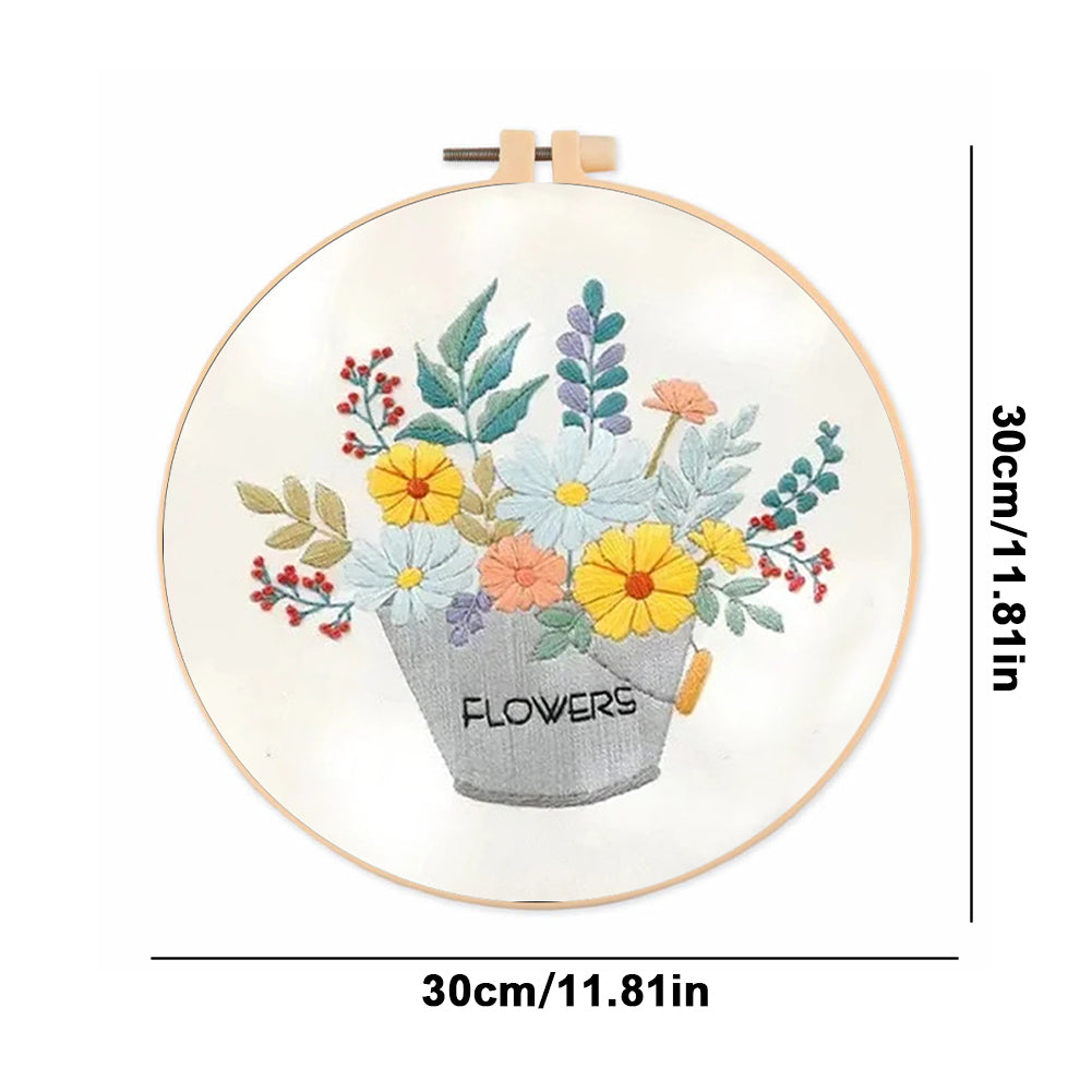 Flowers In Iron Bucket - DIY Embroidery Cross Stitch Kit with Pattern Cotton Threads Needles Hoop 30x30CM/11.81x11.81in