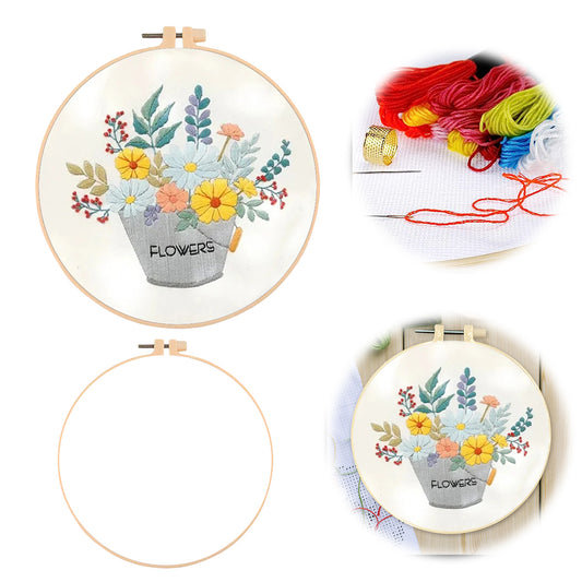 Flowers In Iron Bucket - DIY Embroidery Cross Stitch Kit with Pattern Cotton Threads Needles Hoop 30x30CM/11.81x11.81in