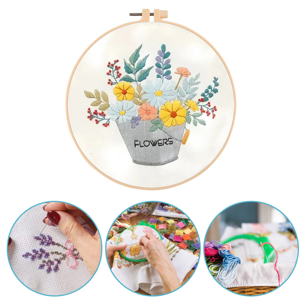 Flowers In Iron Bucket - DIY Embroidery Cross Stitch Kit with Pattern Cotton Threads Needles Hoop 30x30CM/11.81x11.81in