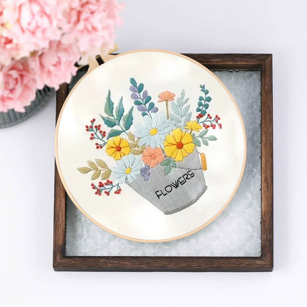 Flowers In Iron Bucket - DIY Embroidery Cross Stitch Kit with Pattern Cotton Threads Needles Hoop 30x30CM/11.81x11.81in
