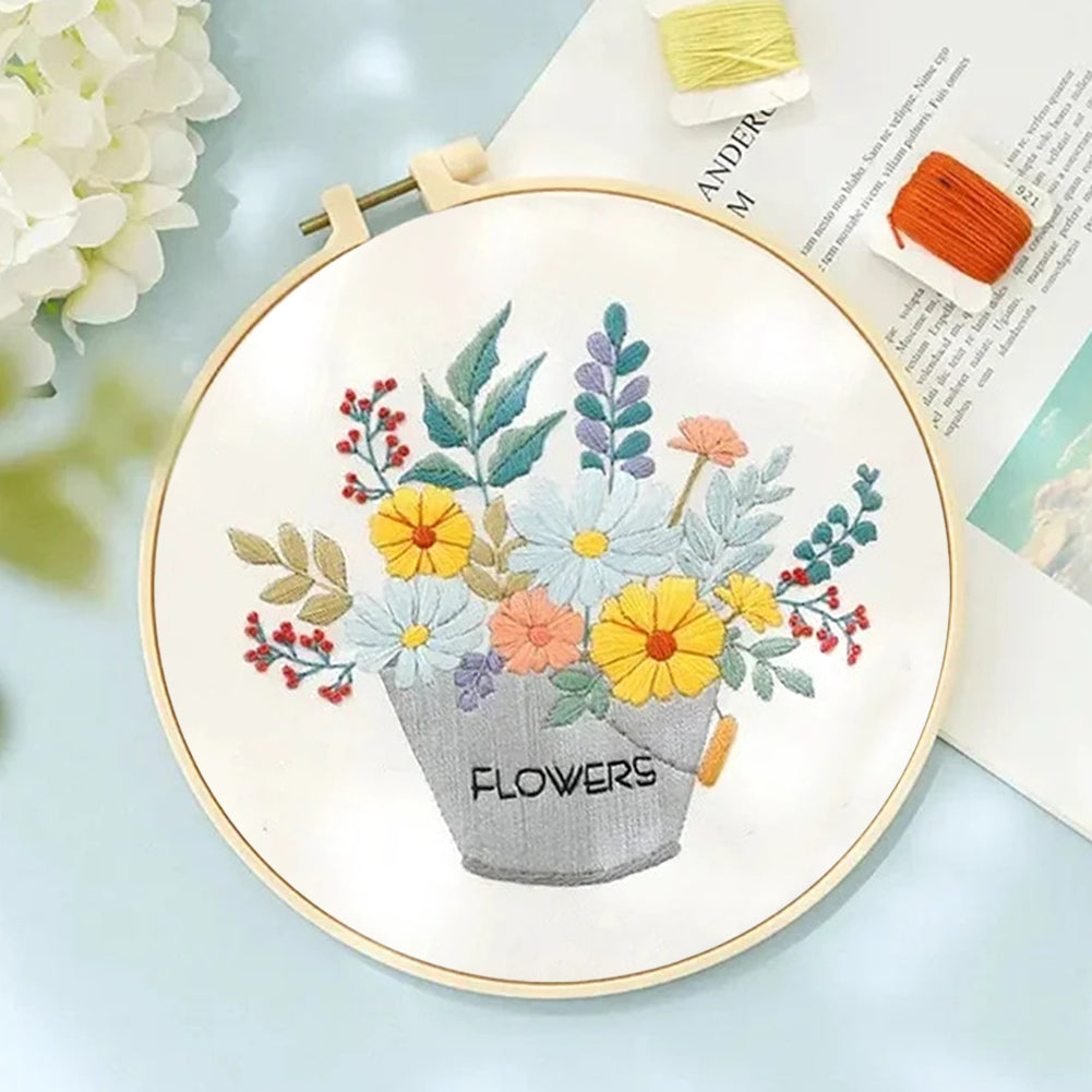 Flowers In Iron Bucket - DIY Embroidery Cross Stitch Kit with Pattern Cotton Threads Needles Hoop 30x30CM/11.81x11.81in