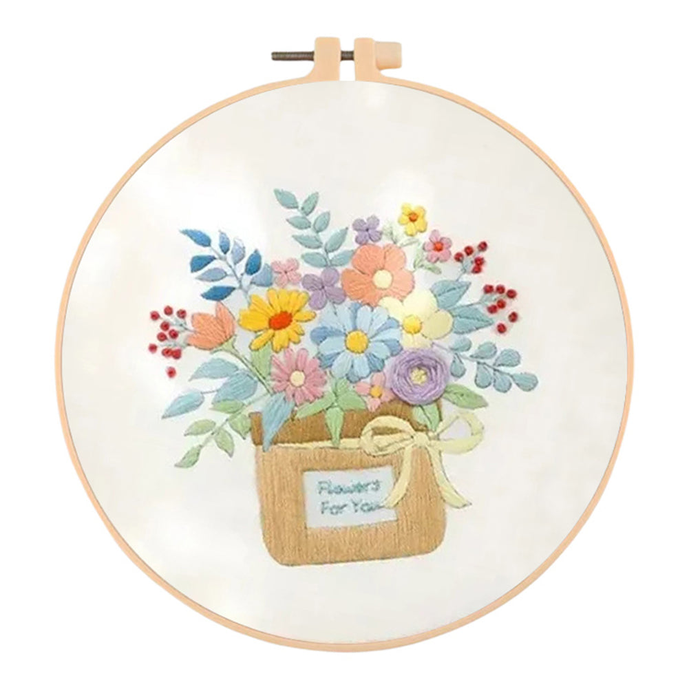 Flowers In Cloth Bag - DIY Embroidery Cross Stitch Kit with Pattern Cotton Threads Needles Hoop 30x30CM/11.81x11.81in