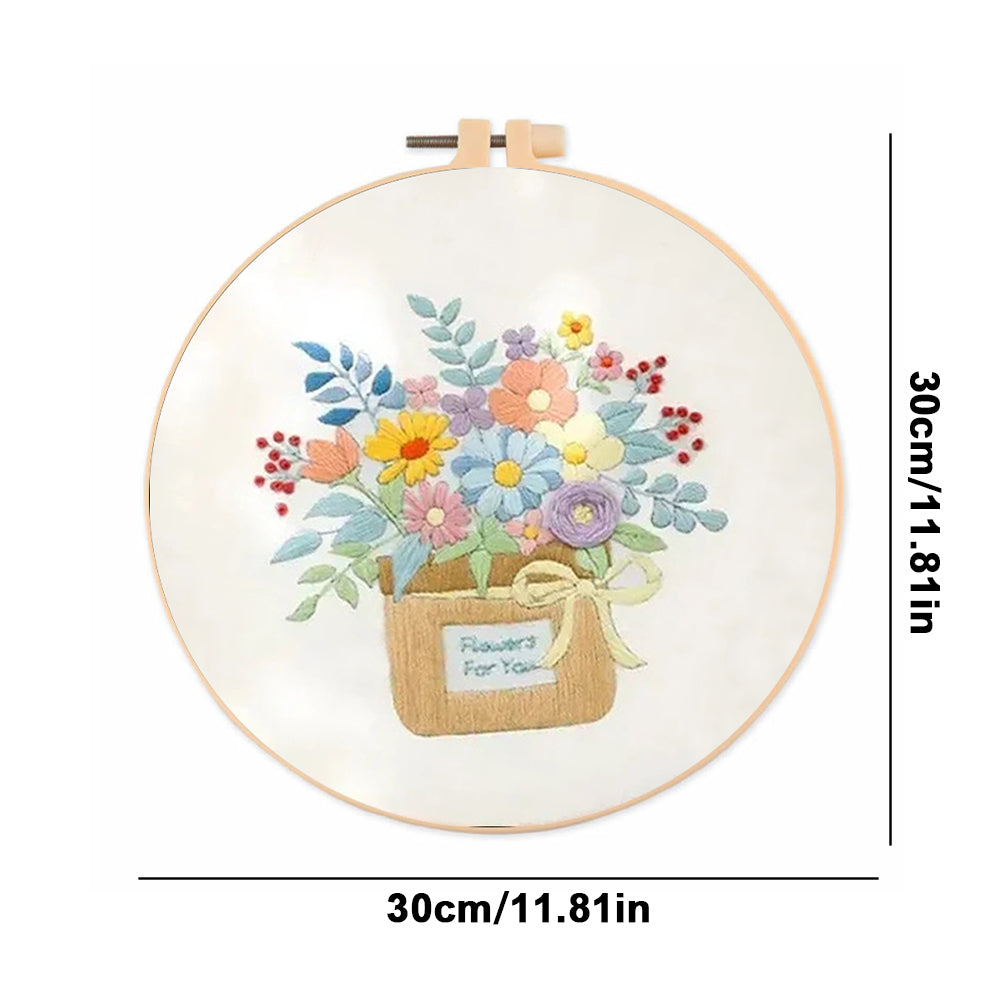 Flowers In Cloth Bag - DIY Embroidery Cross Stitch Kit with Pattern Cotton Threads Needles Hoop 30x30CM/11.81x11.81in