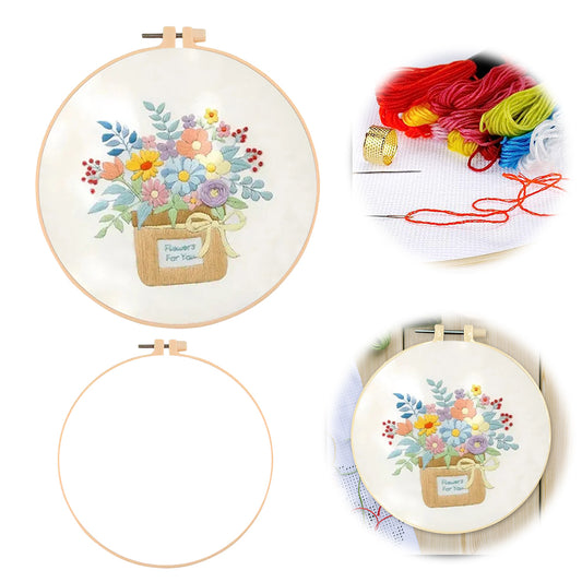 Flowers In Cloth Bag - DIY Embroidery Cross Stitch Kit with Pattern Cotton Threads Needles Hoop 30x30CM/11.81x11.81in