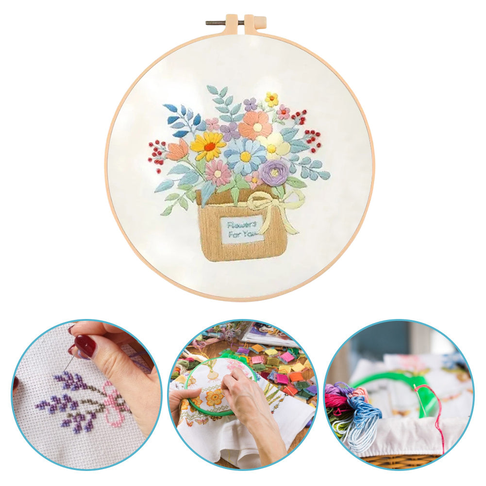 Flowers In Cloth Bag - DIY Embroidery Cross Stitch Kit with Pattern Cotton Threads Needles Hoop 30x30CM/11.81x11.81in