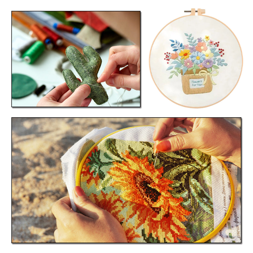 Flowers In Cloth Bag - DIY Embroidery Cross Stitch Kit with Pattern Cotton Threads Needles Hoop 30x30CM/11.81x11.81in