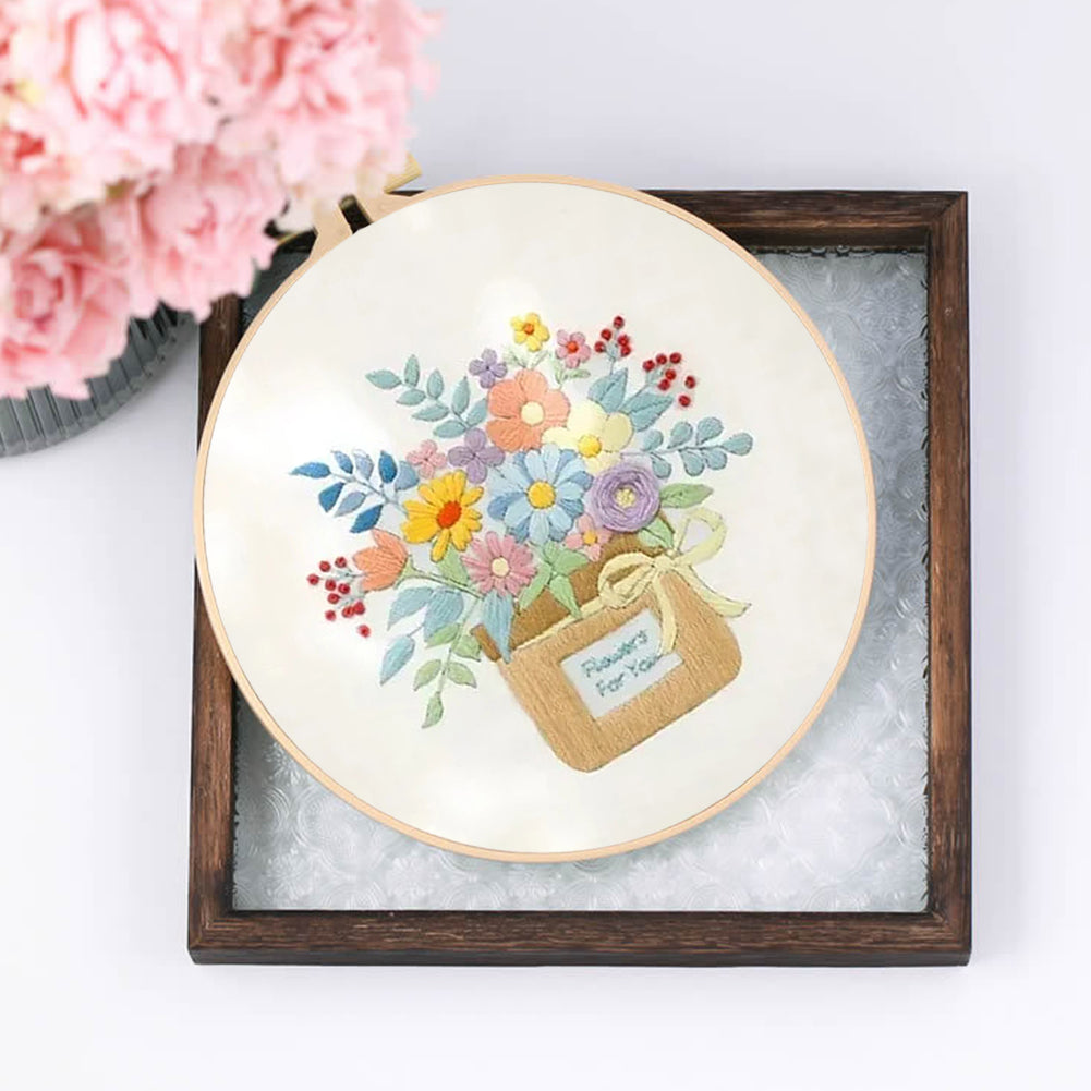 Flowers In Cloth Bag - DIY Embroidery Cross Stitch Kit with Pattern Cotton Threads Needles Hoop 30x30CM/11.81x11.81in