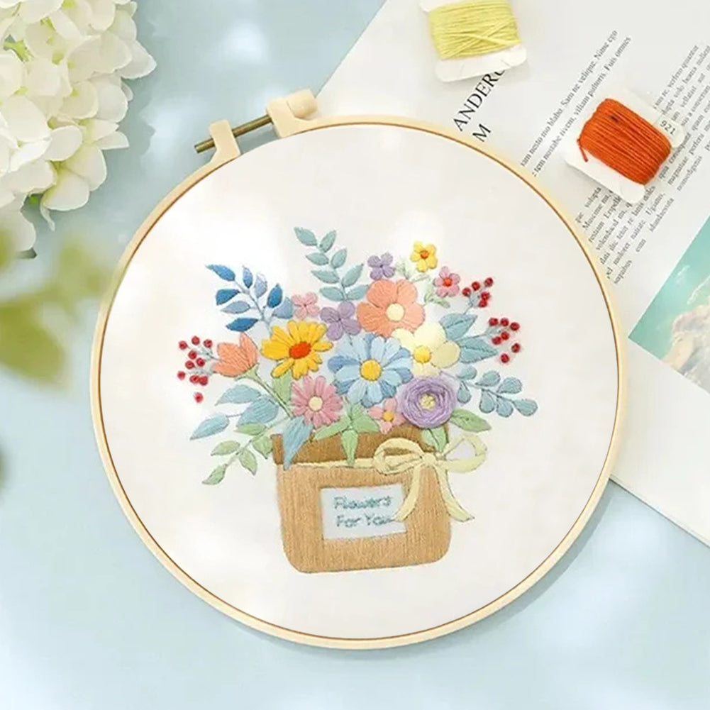 Flowers In Cloth Bag - DIY Embroidery Cross Stitch Kit with Pattern Cotton Threads Needles Hoop 30x30CM/11.81x11.81in
