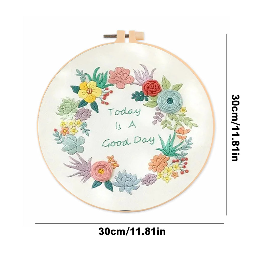Fresh Style Wreath - DIY Embroidery Cross Stitch Kit with Pattern Cotton Threads Needles Hoop 30x30CM/11.81x11.81in