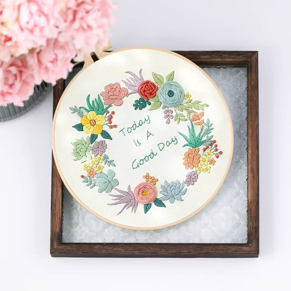 Fresh Style Wreath - DIY Embroidery Cross Stitch Kit with Pattern Cotton Threads Needles Hoop 30x30CM/11.81x11.81in