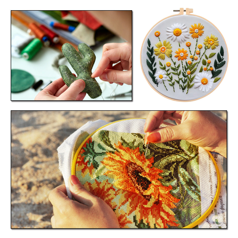 Daisy - DIY Embroidery Cross Stitch Kit with Pattern Cotton Threads Needles Hoop 30x30CM/11.81x11.81in
