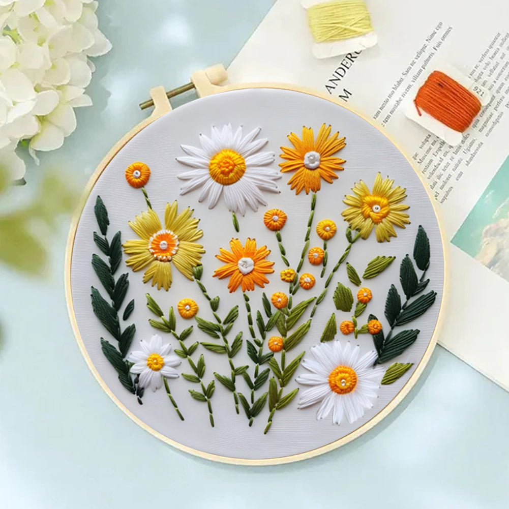 Daisy - DIY Embroidery Cross Stitch Kit with Pattern Cotton Threads Needles Hoop 30x30CM/11.81x11.81in