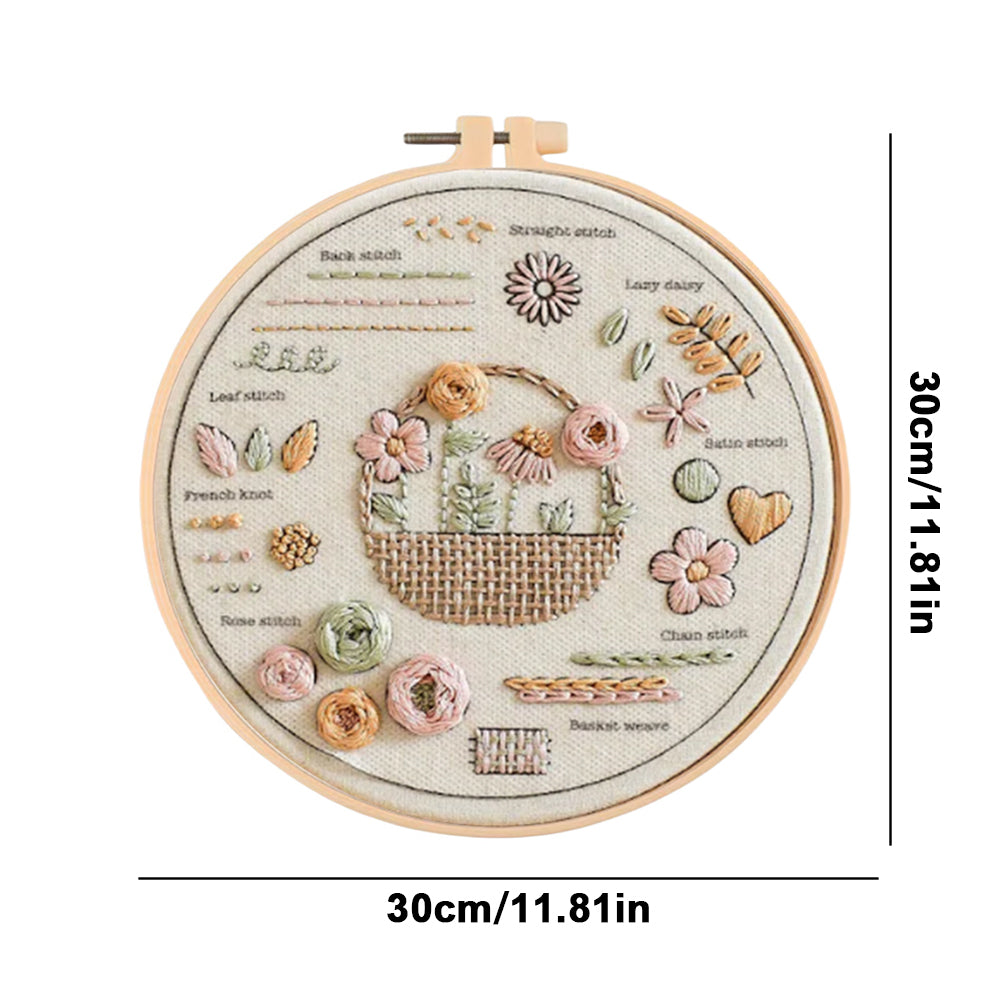 Flower Basket - DIY Embroidery Cross Stitch Kit with Pattern Cotton Threads Needles Hoop 30x30CM/11.81x11.81in