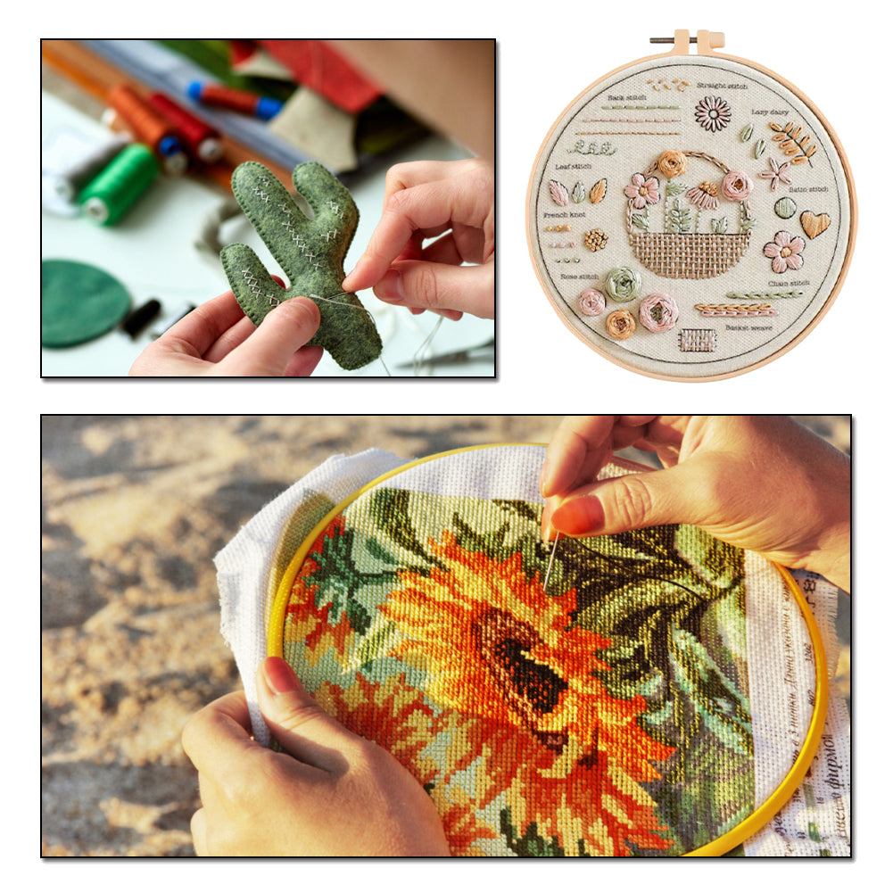 Flower Basket - DIY Embroidery Cross Stitch Kit with Pattern Cotton Threads Needles Hoop 30x30CM/11.81x11.81in