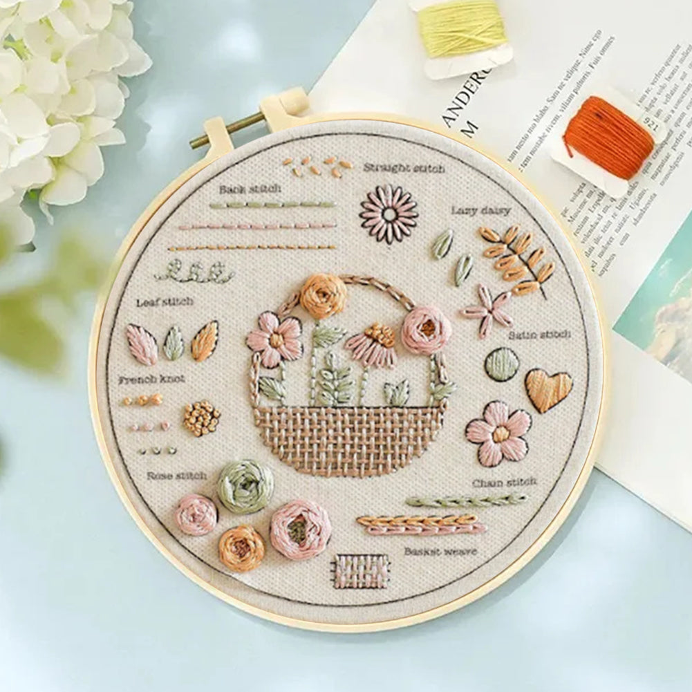 Flower Basket - DIY Embroidery Cross Stitch Kit with Pattern Cotton Threads Needles Hoop 30x30CM/11.81x11.81in