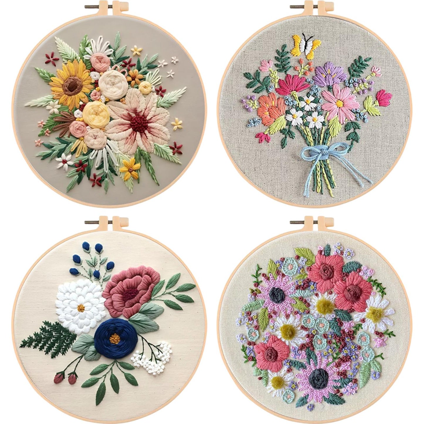 4PCS Flowers In Full Bloom - DIY Embroidery Cross Stitch Kit with Pattern Cotton Threads Needles Hoop 30x30CM/11.81x11.81in