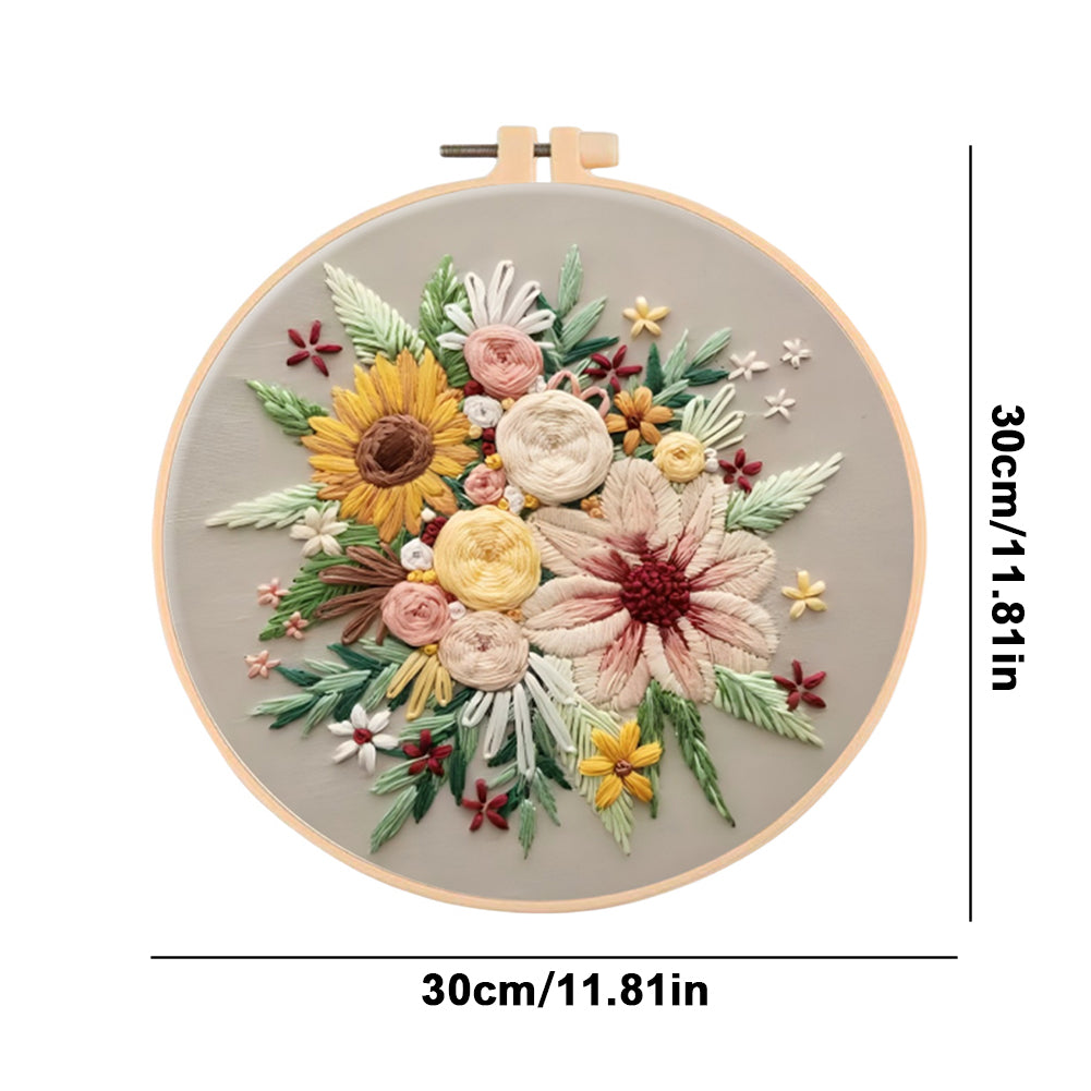 4PCS Flowers In Full Bloom - DIY Embroidery Cross Stitch Kit with Pattern Cotton Threads Needles Hoop 30x30CM/11.81x11.81in