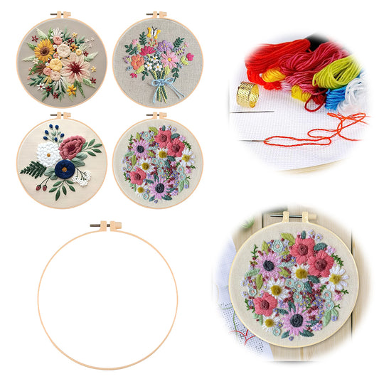 4PCS Flowers In Full Bloom - DIY Embroidery Cross Stitch Kit with Pattern Cotton Threads Needles Hoop 30x30CM/11.81x11.81in