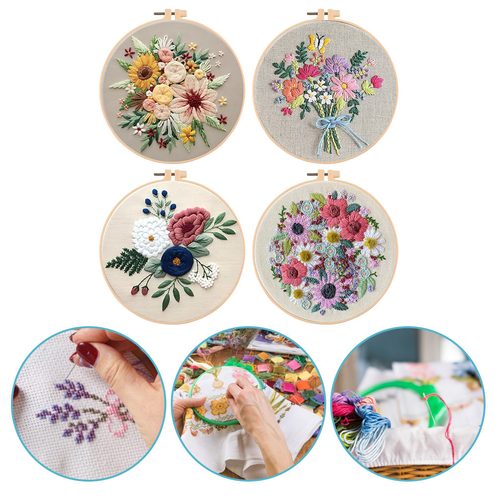4PCS Flowers In Full Bloom - DIY Embroidery Cross Stitch Kit with Pattern Cotton Threads Needles Hoop 30x30CM/11.81x11.81in
