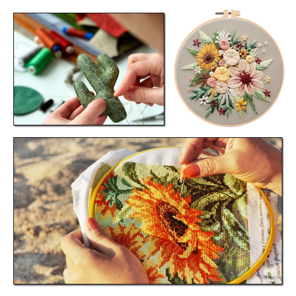 4PCS Flowers In Full Bloom - DIY Embroidery Cross Stitch Kit with Pattern Cotton Threads Needles Hoop 30x30CM/11.81x11.81in