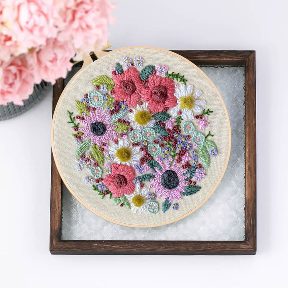 4PCS Flowers In Full Bloom - DIY Embroidery Cross Stitch Kit with Pattern Cotton Threads Needles Hoop 30x30CM/11.81x11.81in