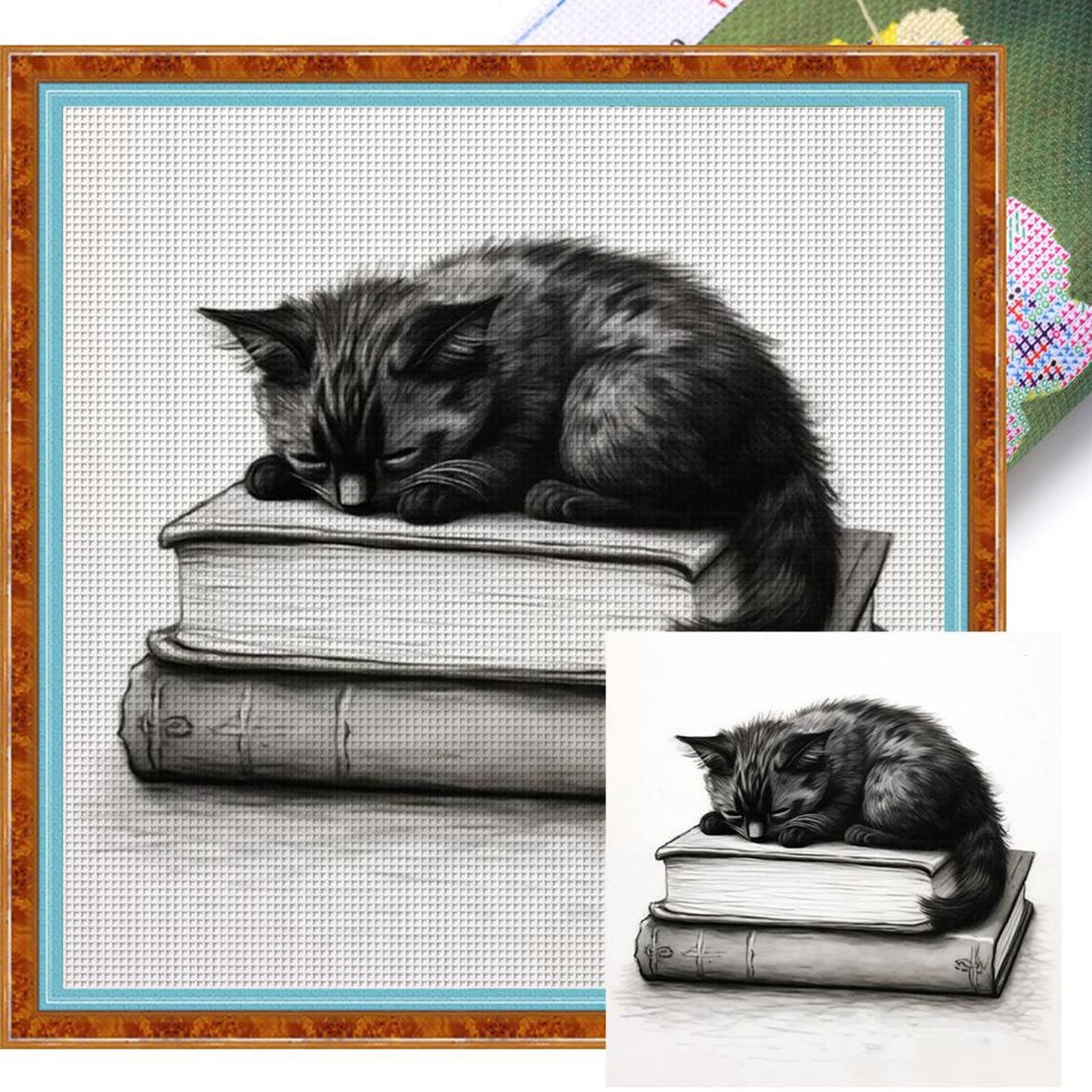 Black Cat On Book - Full 11CT Stamped Cross Stitch 40x40CM - Diy