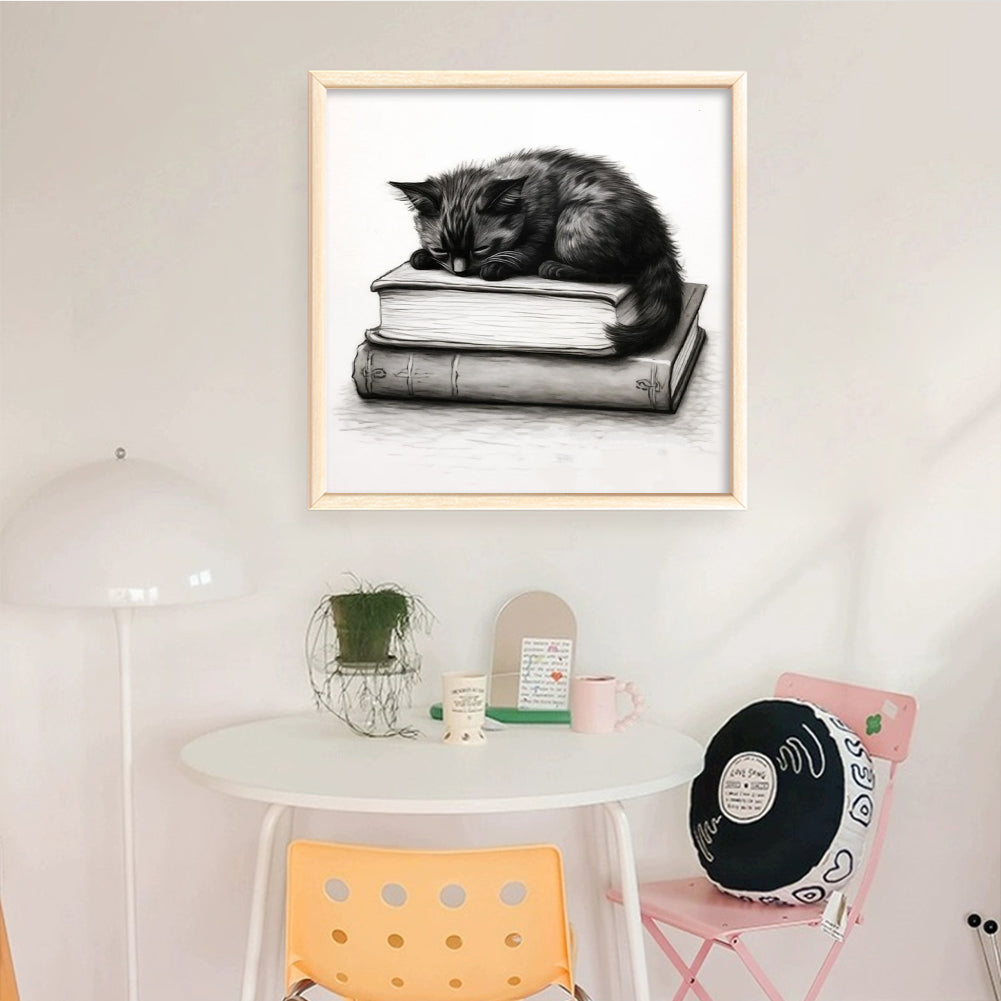 Black Cat On Book - Full 11CT Stamped Cross Stitch 40x40CM - Diy