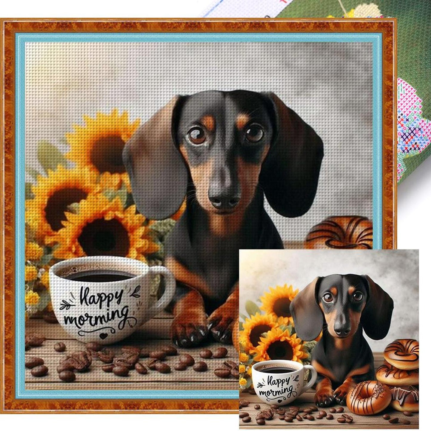 Sunflower, Coffee And Dachshund-Dog - Full 11CT Stamped Cross Stitch 40x40CM - Band