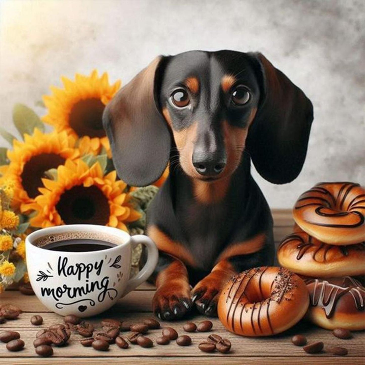 Sunflower, Coffee And Dachshund-Dog - Full 11CT Stamped Cross Stitch 40x40CM - Band