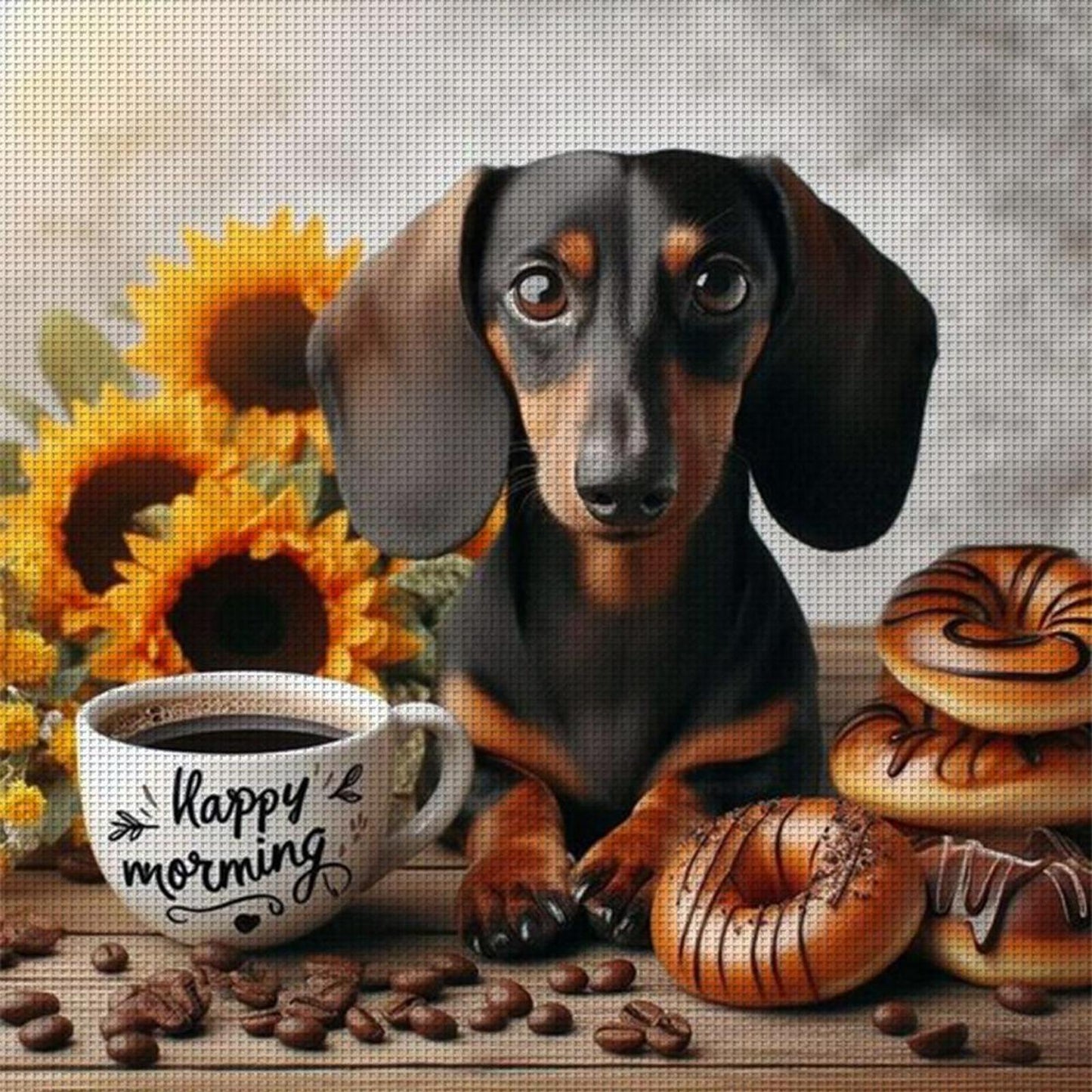Sunflower, Coffee And Dachshund-Dog - Full 11CT Stamped Cross Stitch 40x40CM - Band