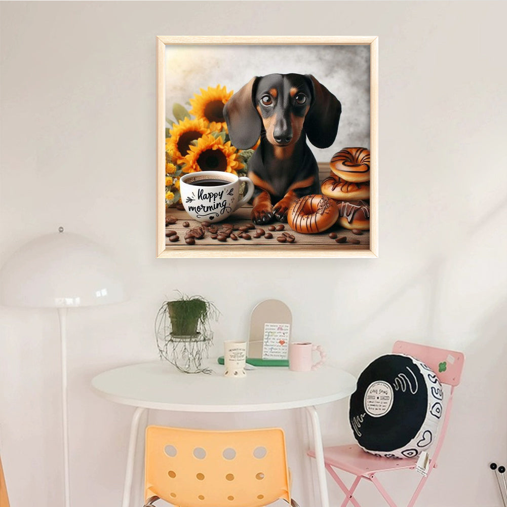 Sunflower, Coffee And Dachshund-Dog - Full 11CT Stamped Cross Stitch 40x40CM - Band