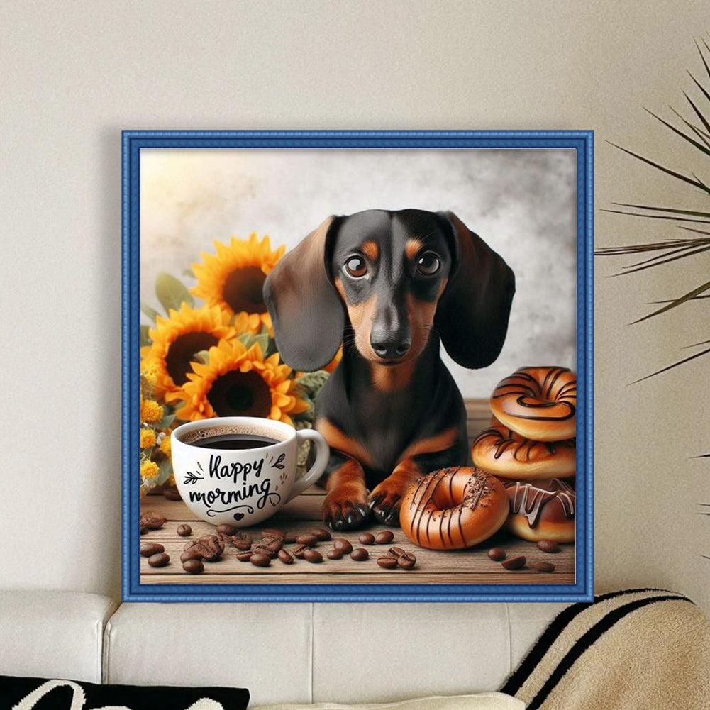 Sunflower, Coffee And Dachshund-Dog - Full 11CT Stamped Cross Stitch 40x40CM - Band