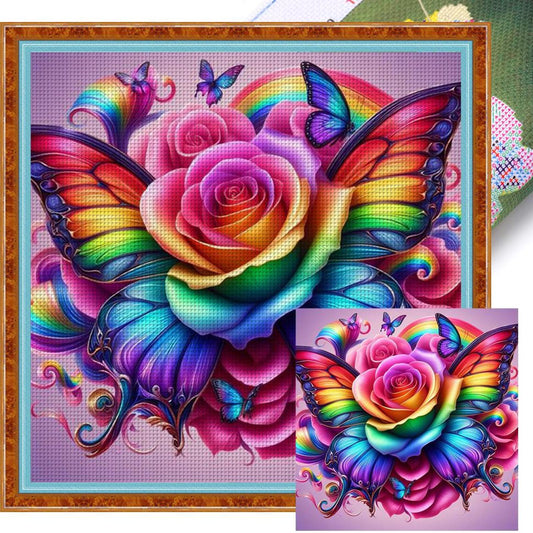 Colorful Butterflies And Roses - Full 11CT Stamped Cross Stitch 45x45CM - Yishu