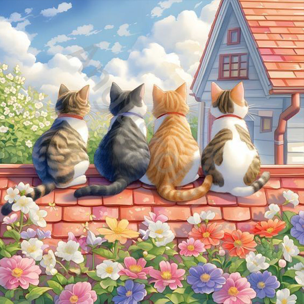 House Four Cats Background 30*30CM(Canvas) Full Round Drill Diamond Painting