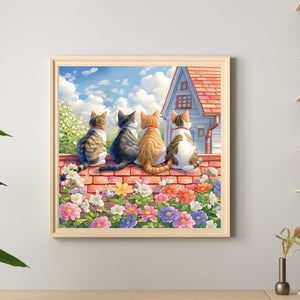 House Four Cats Background 30*30CM(Canvas) Full Round Drill Diamond Painting