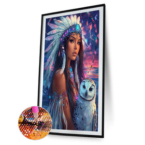 Indian Woman White Owl 40*60CM(Canvas) Full Round Drill Diamond Painting