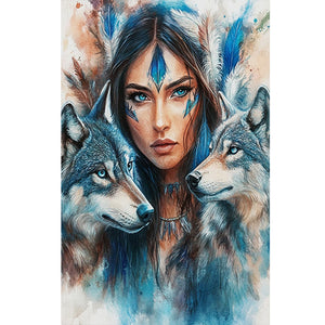 Indian Woman Double Wolf 40*60CM(Canvas) Full Round Drill Diamond Painting